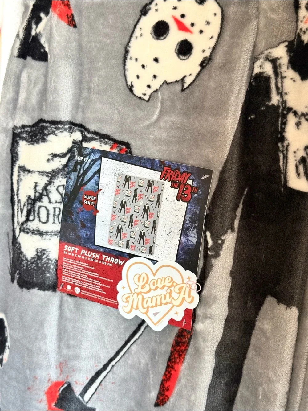 Jason Lives Plush Throw Blanket - Gray with Red & Black Horror Print